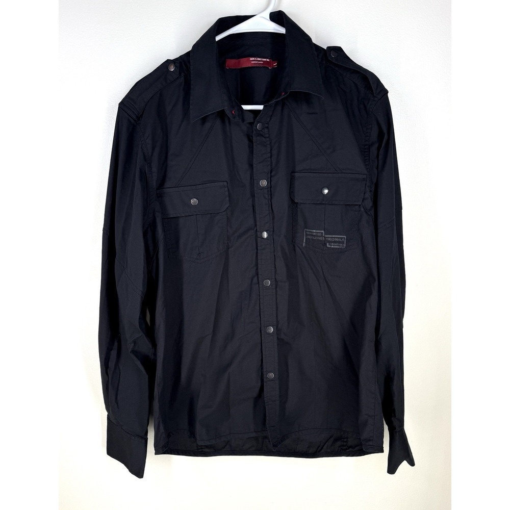 Jack Jones Originals Among Military Style Shirt Black Cotton Stretch Snap Front